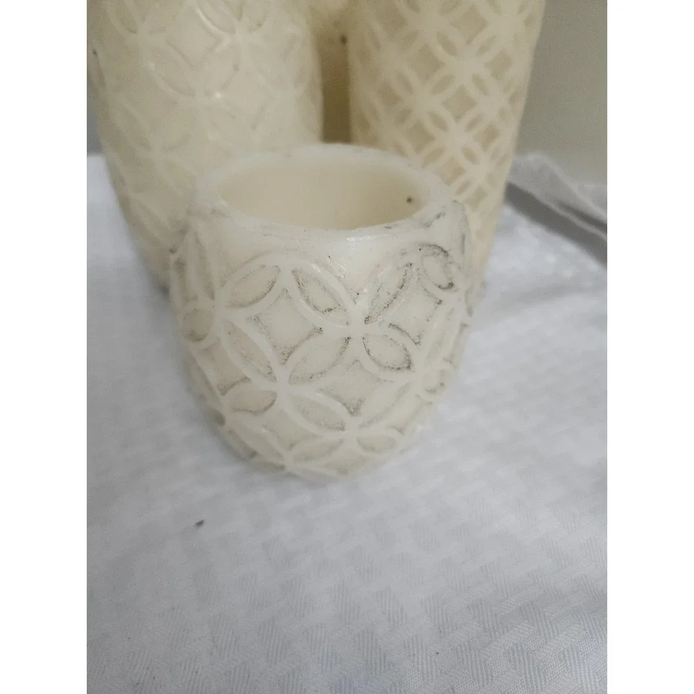 Set of 4 Flameless LED Pillar Candles Carved Wax Lattice Cream Untested